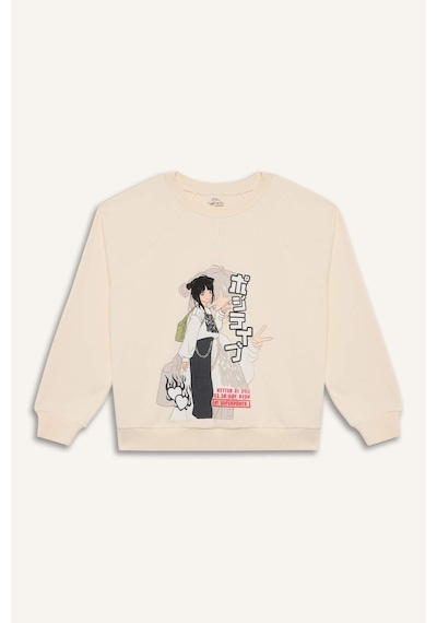 DeFacto Kız Çocuk Relax Fit Bisiklet Yaka Anime Baskılı Sweatshirt D8817A825SPER99 Ekru