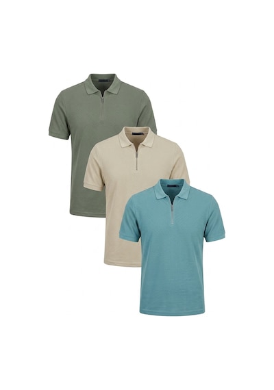 Buratti Pamuklu Regular Fit Yarım Fermuarlı 3'Lü Paket Erkek Polo Yaka T Shirt 5902434S3 Taş-Açık Haki-Mavi