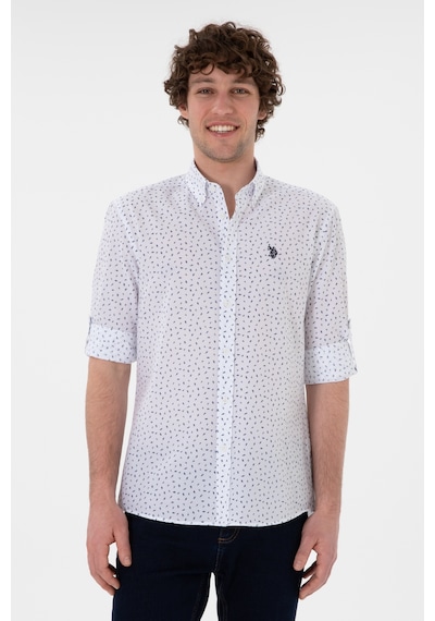 U.S. Polo Assn. Erkek Lacivert Baskılı Beyaz Gömlek 50306371-VR033