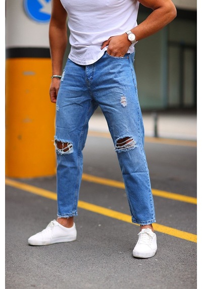 Boyfriend Diz Yırtık Modelli Kot Pantolon Mavi