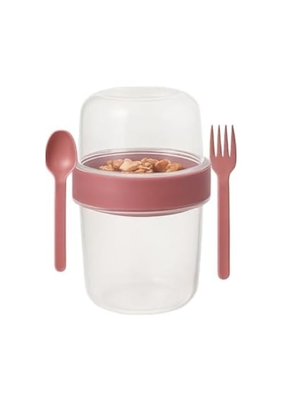 Pembe Saklama Kabı 2 Katlı Taşınabilir Yemek Kabı, Kaşık Ve Çatal Dahil 18x10 Cm Bakır