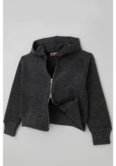 Orko Kız Çocuk Peluş Crop Hırka Kapüşonlu Fermuarlı 10-16 Yaş , Füme Melanj