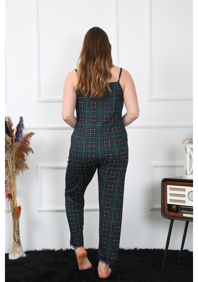 Akbeniz Kadın Büyük Beden Yeşil Ekoseli İp Askılı Pijama Takım 202197-yeşil Yeşil
