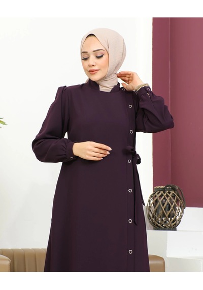 Nevayla Moda Bağlamalı Çıt Çıt Detaylı Ferace - Mürdüm Mürdüm