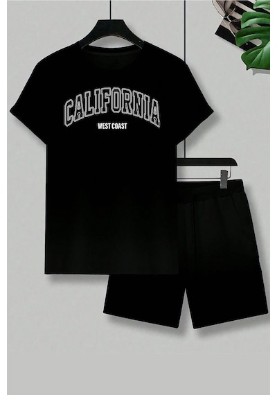 Uyguntarz Unisex California Baskılı Şort Takım Siyah