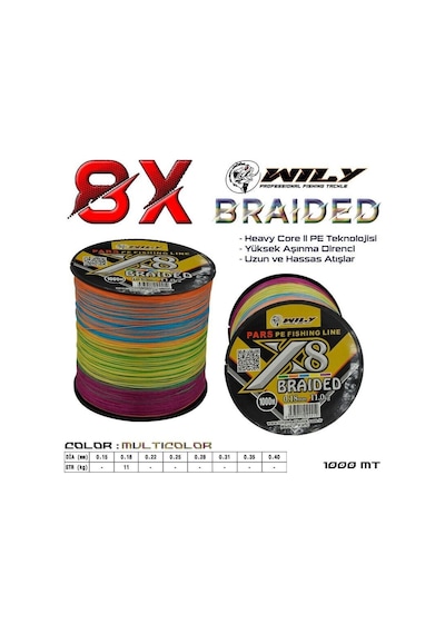 Wily Pars 8 Kat İp Misina 1000 Mt Multicolor 0,18 mm
