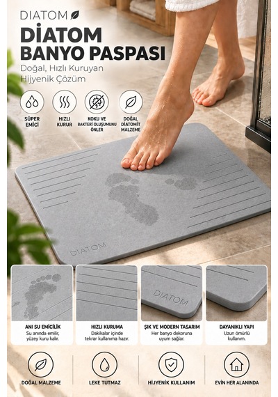 Düz Çizgi Model Banyo Paspası Su Emici Paspas Diatomite Mat Abdest Paspası Duşakabin Önü Banyo Matı Lavabo Önü Paspas gri