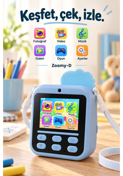 Kj/zm-002 Zoomy-d Dinozor Figürlü Anında Baskılı Çocuk Fotoğraf Makinesi, Çift Kamera, 2,4 İnç Ekran, 1080p Video, 3+ Yaş Mavi