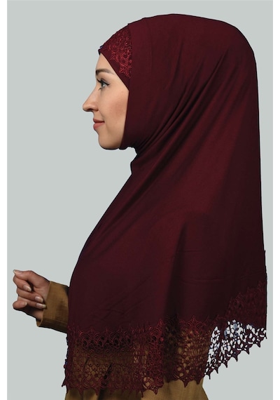 Altobeh İkili Set Dantelli Pratik Eşarp Hazır Hijab Ve Tesettür Bonesi Xl Bordo