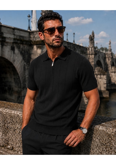 İxir Yarım Fermuarlı Regular Kalıp Polo Yaka Triko T-shirt Siyah - Siyah