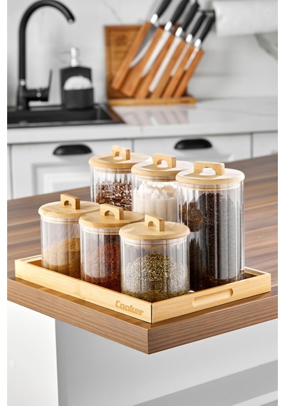 Cooker 6 Parça Standlı Bambu Kapaklı Borosilikat Cam Yuvarlak Baharatlık Şeffaf