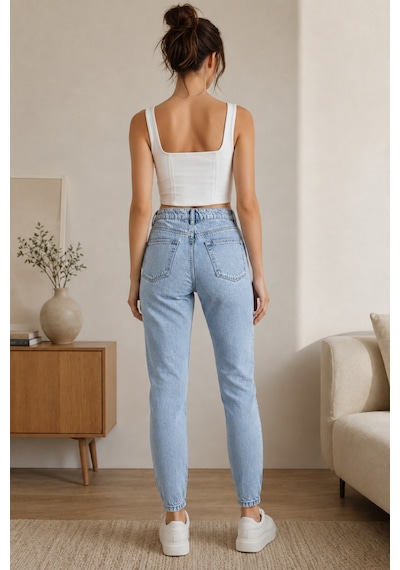 Woddi Kadın Jeans Buz Mavi Kar Yıkama Mom Jeans Yüksek Bel Denim Kot Pantolon Taş