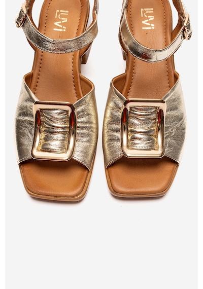 Luvishoes Asha Altın Tokalı Hakiki Deri Kadın Kalın Topuklu Sandalet
