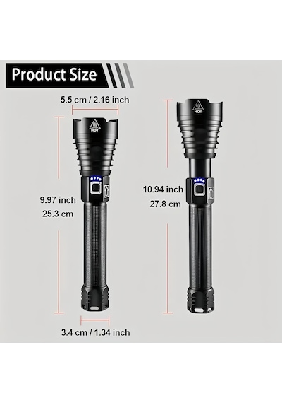 Worldshop Metal El Feneri 250.000 Lümen, Xhp90 + 26650 2 Adet Pil Siyah
