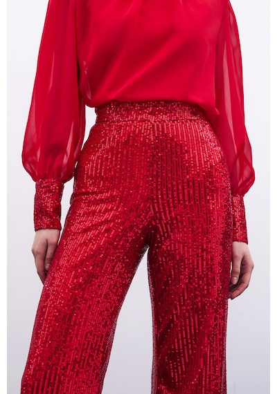 Sateen Payetli Salaş Pantolon - Kırmızı