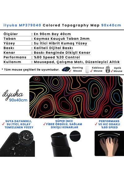 İlyuka Mousepad 90x40cm Büyük Boy Xxl Mp379040 Colored Topography