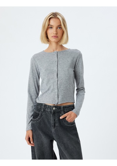 Koton Düğmeli Hırka Yuvarlak Yaka Uzun Kollu Slim Fit Gri 5wak50039ek Gri