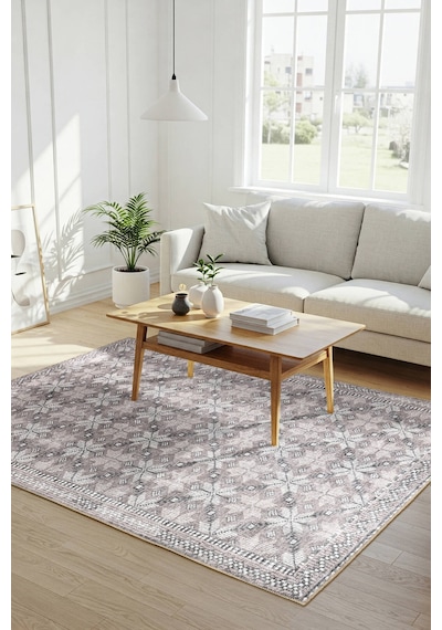 Artloop Stonart Eskitme Vintage Desenli Bej/pudra Otantik Yıkanabilir Şönil Halı Al 459 Bej-pudra
