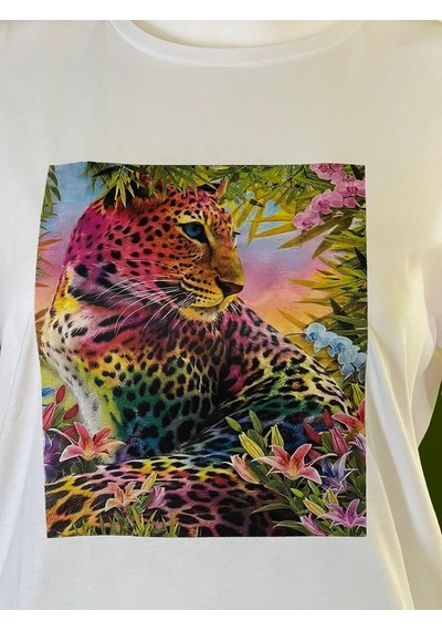 %100 Pamuk Basic Bisiklet Yaka Örme 3 Boyutlu Renkli Kaplan Baskı T-shirt Beyaz