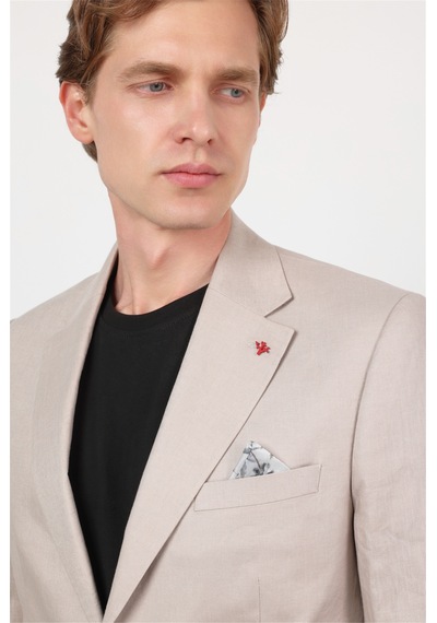İmza Bej Mono Yaka Keten 6 Drop Slim Fit Yarım Astar %100 Keten Takım Elbise 1001260164 Koyu Bej