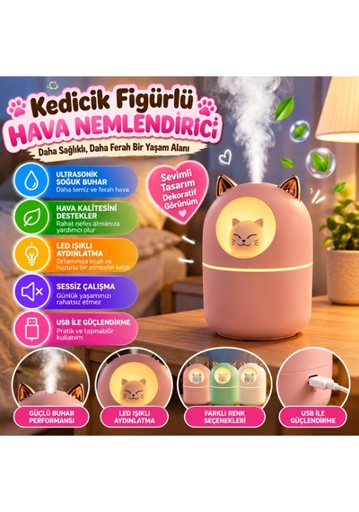 Kedicik Figürlü Hava Nemlendirici Ultrasonik Soğuk Buhar Makinesi, Led Işıklı Masaüstü Oda Nemlendirici Açık Mavi