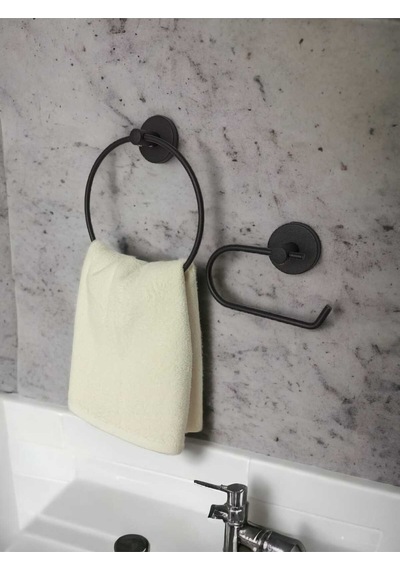 Yapışkanlı Banyo Seti Yuvarlak Havluluk Kapaksız Tuvalet Kağıtlığı Siyah