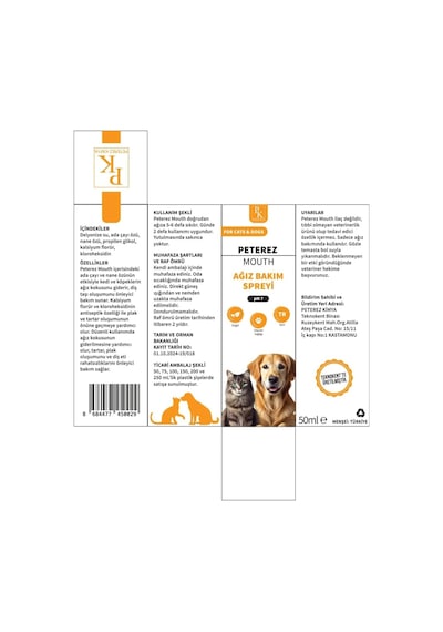 Mouth Kedi Köpek Ağız Bakım Spreyi, Klorheksidin Ve Nane Özü, Günlük Ağız Bakımı, Ph 7, 50 Ml