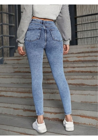Yüksek Bel Mavi Kar Yıkama Skinny Dar Paça Jean Kadın Mavi