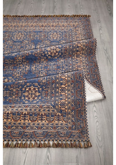 Mavi Renkli Afgan Tarzı Altı Kaymaz Yıkanabilir Şönil Kilim-598