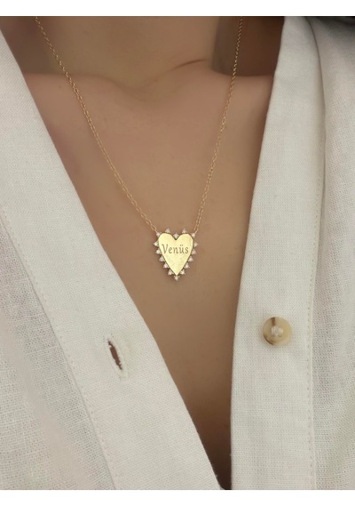 Çelik Kristal Kalp Kolye Gold