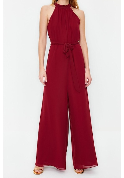 Ersefa Kadın Moda Standart Kol Geniş Paça Halter Yaka Uzun Kuşaklı Maxi Bordo