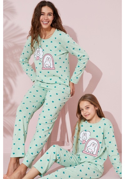 Siyah İnci Pamuklu Örme Pijama Takım 24241070 Yeşil