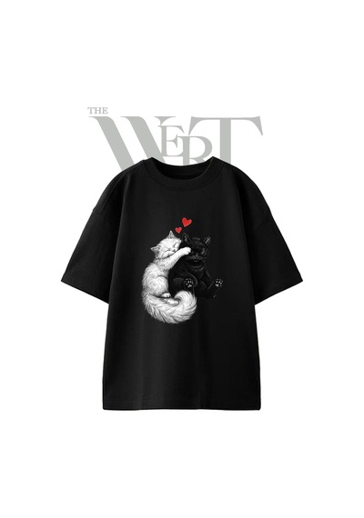Thewert Ask Kedileri Tasarım Baskılı Ünisex Siyah Oversize T-shirt