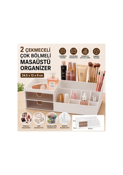 2 Çekmeceli Çok Bölmeli Masaüstü Organizer Makyaj Takı Kozmetik Kalem Düzenleyici 24,5x12x9 Cm Bej