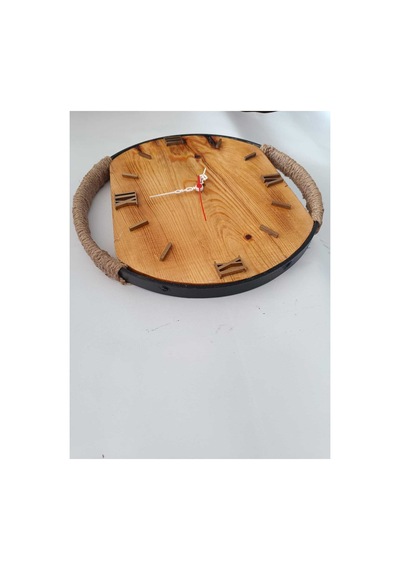Niş Tasarım Doğal Çam Ağacı Duvar Saati - 38 Cm Halat Detaylı Metal Çerçeveli Masif Ahşap Saat Kahverengi