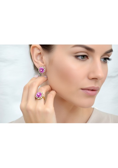 El İşçiliği Pembe Gül Detaylı Vintage Stil Gümüş Ve Bronz Yüzük Küpe Otantik Takı Seti Mod113 Gümüş