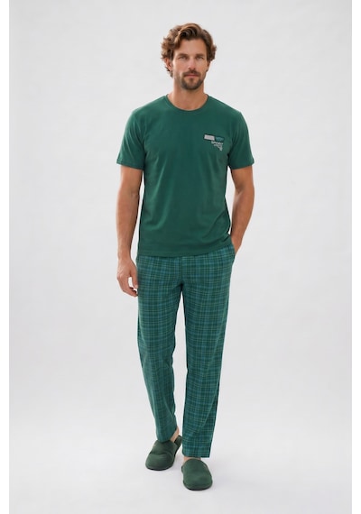 Tudors Erkek Standart Fit Normal Kesim Pamuklu Bisiklet Yaka Kısa Kollu Lastikli Yeşil Pijama Takımı-51140