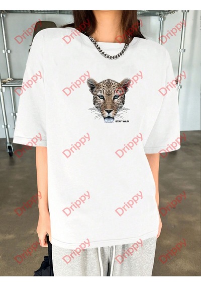 Flood Of Style Leopar Stay Wild Baskılı Oversize Unisex Yıkamalı Tshirt Beyaz