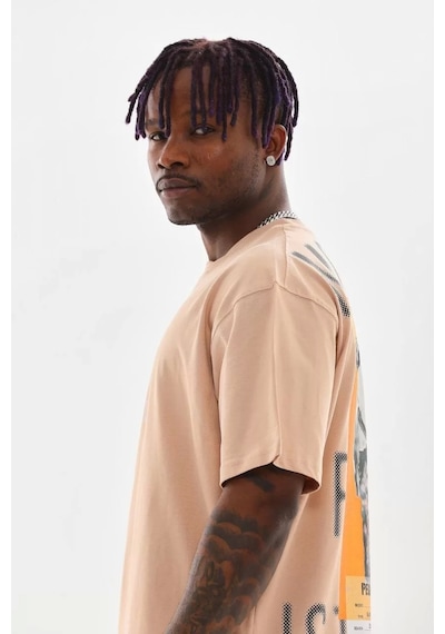 Unisex Baskılı Oversize T-shirt - Bej Bej