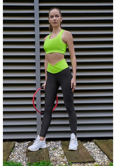 Lismina Beli Çapraz Tasarımlı Toparlayıcı Spor Tayt Neon Sarı - Siyah
