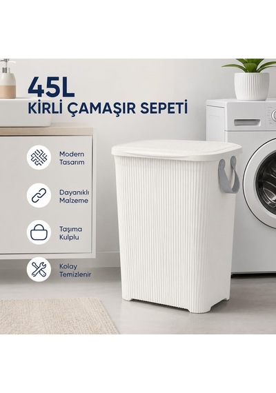 45 L Kapaklı Kirli Çamaşır Sepeti Modern Çizgili Tasarım Taşıma Kulplu Dayanıklı Plastik Banyo, Çamaşır Odası Ve Yatak Odası İçin 40 X 34 X 47 Cm, Beyaz Çok Renkli