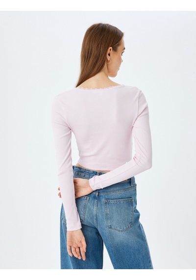 Koton Dantel Detaylı Uzun Kollu Slim Fit Crop Tişört Pembe 5sal10423ık Gül Koton Dantel Detaylı Uzun Kollu Slim Fit Crop Tişört Pembe 5sal10423ık Gül