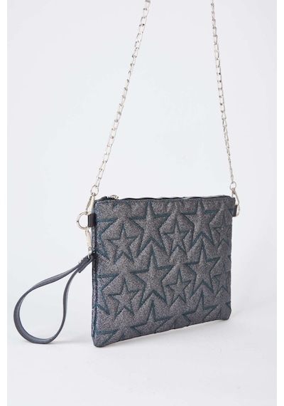 Vivaq Kadın Füme Simli Yıldız Nakışlı Suni Deri Bilek Ve Zincir Askılı Portföy El Ve Clutch Çanta