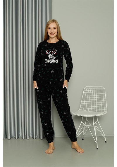 Akbeniz Merry Christmas Welsoft Polar Kadın Pijama Takımı 8514 - L Siyah