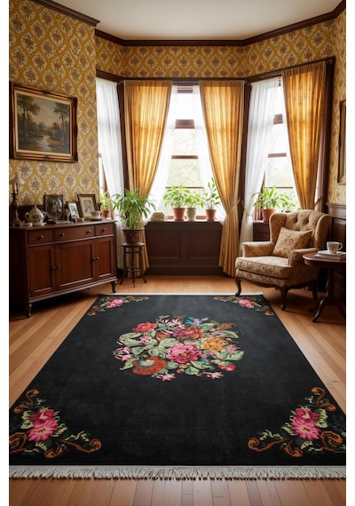Çiçek Motifli Modern Halı Dekoratif Kilim Siyah