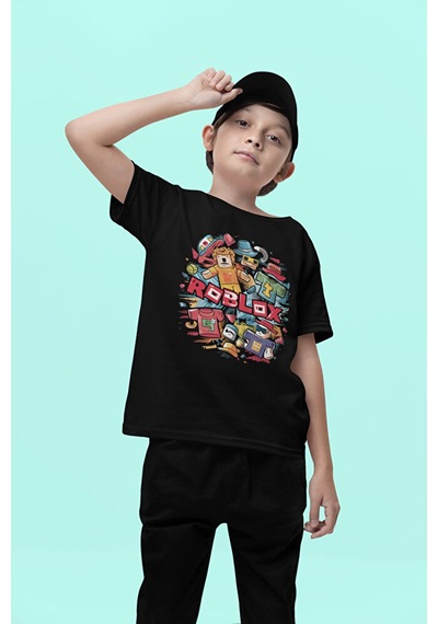 Sevbano Unisex Roblox Oyun Baskılı Çocuk Tişört 1-12 Yaş Siyah