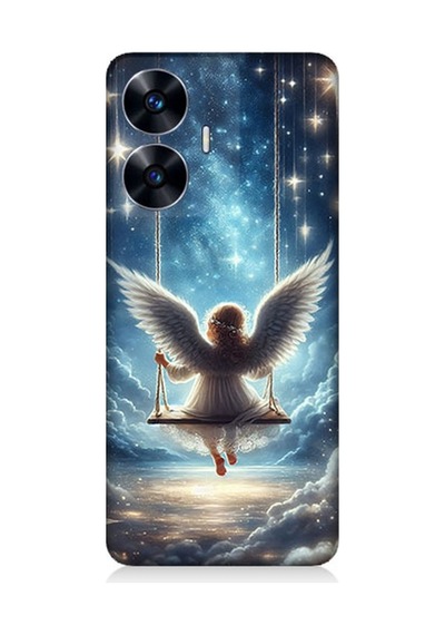 Realme C55 Uyumlu Yıldızlarla Salıncakta Melek Desenli Silikon Kılıf Çok Renkli