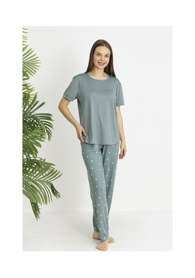Estiva Kadın Kalp Alt Desenli Kısa Kollu Soft Pijama Takımı Yeşil