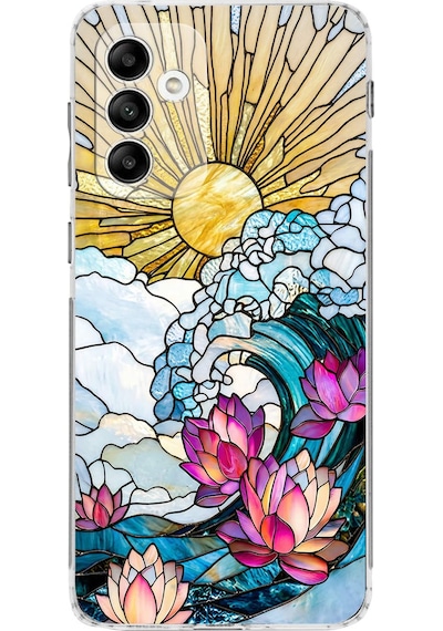 Printify Samsung Galaxy M13 İle Uyumlu Vitray Okyanus Sabahı Tasarımlı Şeffaf Silikon Kılıf Şeffaf