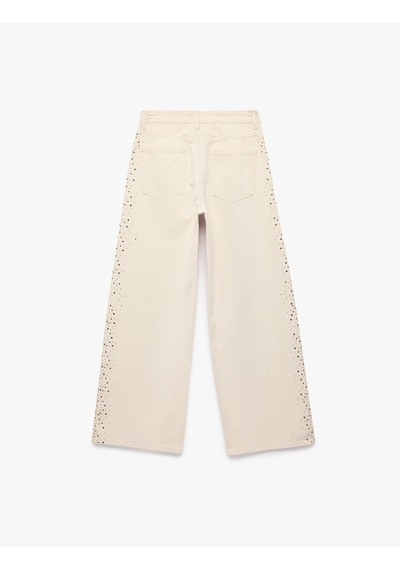 Koton Cepli Taş Detaylı Geniş Paça Denim Pantolon - Wide Leg Jeans Ekru 6sal40059mw
